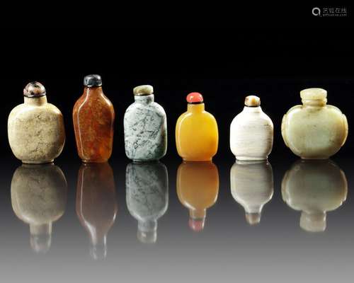 SIX CHINESE HARDSTONE SNUFF BOTTLES