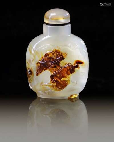 A CHINESE SHADOW AGATE 'LIU HAI' SNUFF BOTTLE