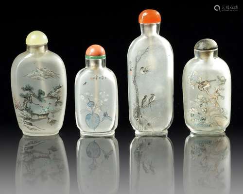 FOUR CHINESE INSIDE GLASS PAINTED SNUFF BOTTLES