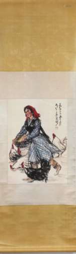 A CHINESE 'LADY FEEDING CHICKENS' HANGING SCROLL H…