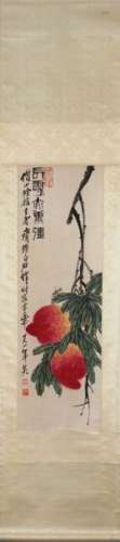 A CHINESE 'PEACHES AND GRASSHOPPER' HANGING SCROLL…