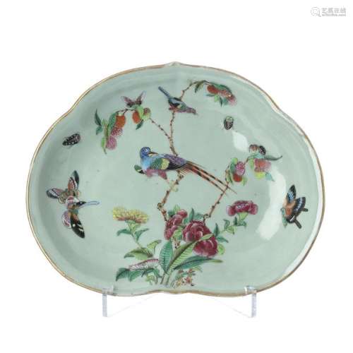 Saucer in celadon porcelain with birds and butterf…
