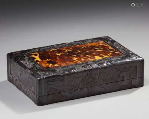 A CHINESE HARDWOOD AND FAUX TORTOISESHELL BOX AND …