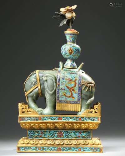 A CHINESE JADE AND CLOISONNÉ CAPARISONED ELEPHANT …