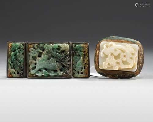 TWO CHINESE JADE INSET BELTBUCKLES