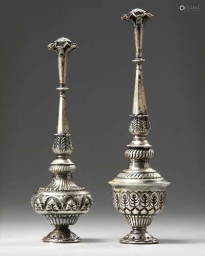 TWO CHINESE SILVER ROSEWATER SPRINKLERS