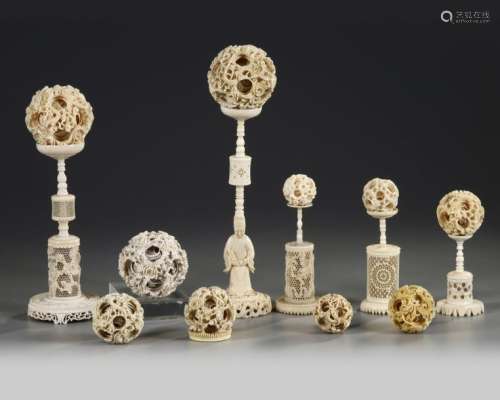 A GROUP OF CANTONESE CARVED PUZZLE BALLS AND STAND…