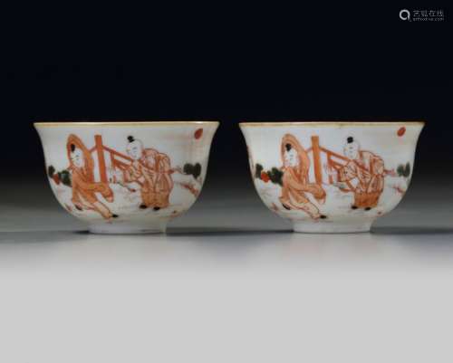 A PAIR OF CHINESE IRON RED DECORATED 'BOYS' CUPS
