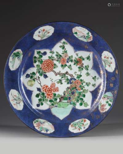 A CHINESE POWDER BLUE GROUND FAMILLE VERTE CHARGER