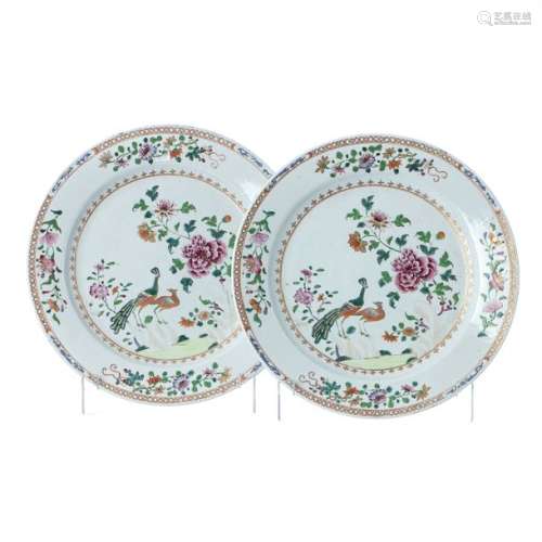Pair of large Chinese porcelain plates, Peacocks S…