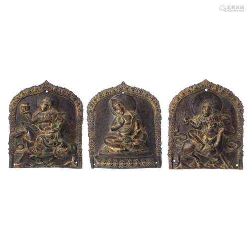 Three Tibetan Lama gilt copper plaques