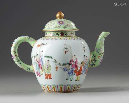 A CHINESE FAMILLE ROSE 'BOYS' TEAPOT AND COVER