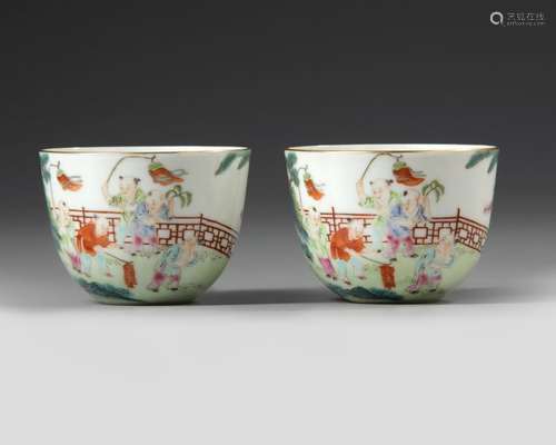 A PAIR OF CHINESE FAMILLE ROSE 'BOYS' CUPS