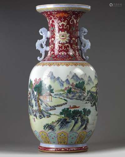 A LARGE CHINESE FAMILLE ROSE 'LANDSCAPE' VASE