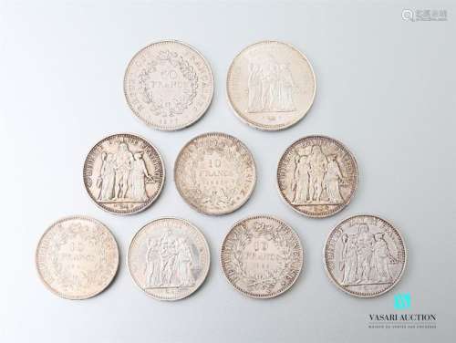 Lot of seven 10 Francs coins, French Republic Herc…