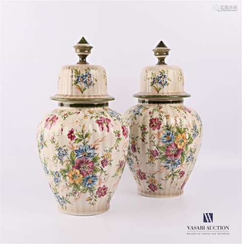 Pair of covered ovoid shaped vases with polychrome…