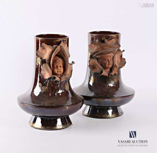 Pair of terracotta vases with double patina and go…