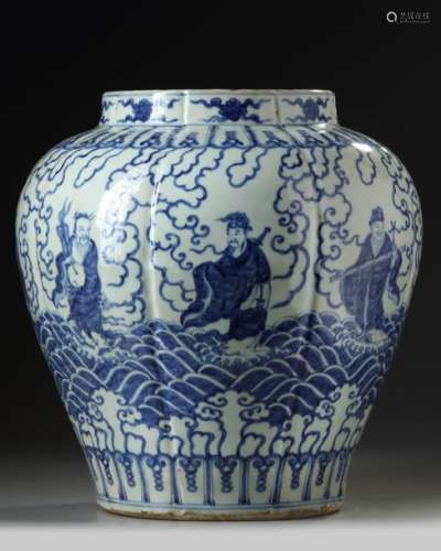 A LARGE CHINESE BLUE AND WHITE LOBED JAR