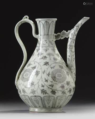 A CHINESE EARLY MING BLUE AND WHITE EWER