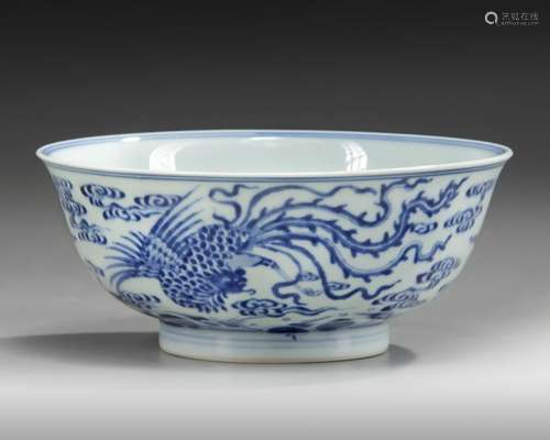 A CHINESE BLUE AND WHITE 'PHOENIX & CRANE' BOWL