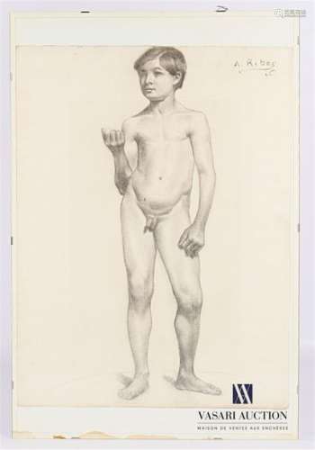 RIBES A. (XIX XXth century) Young nude boy Charcoa…