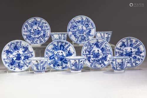 SIX CHINESE BLUE AND WHITE SAUCERS AND FIVE CUPS