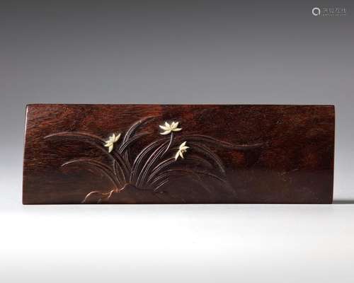 A CHINESE INSET HARDWOOD 'NARCISSUS' WRIST REST