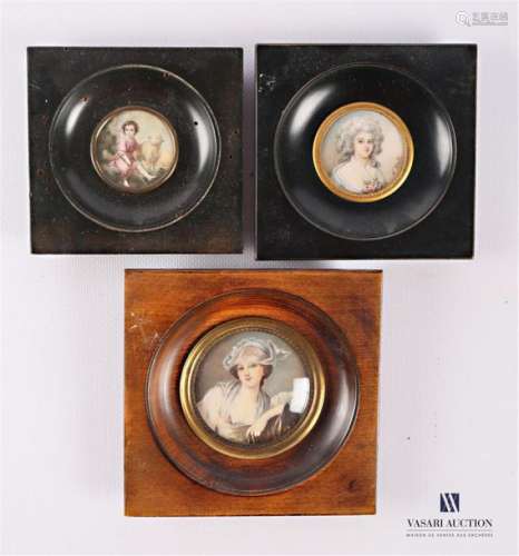 Set of three framed round miniatures respectively …