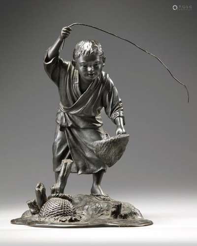 A JAPANESE BRONZE FIGURE OF A YOUNG BOY FISHING