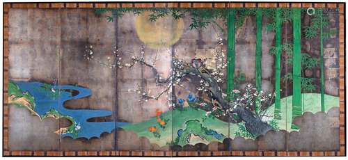 A SIX PANELJAPANESE BYOBU SCREEN WITH A POLYCHROME…