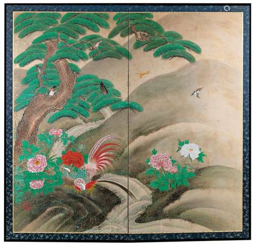 A TWO PANEL JAPANESE BYOBU SCREEN WITH A POLYCHROM…