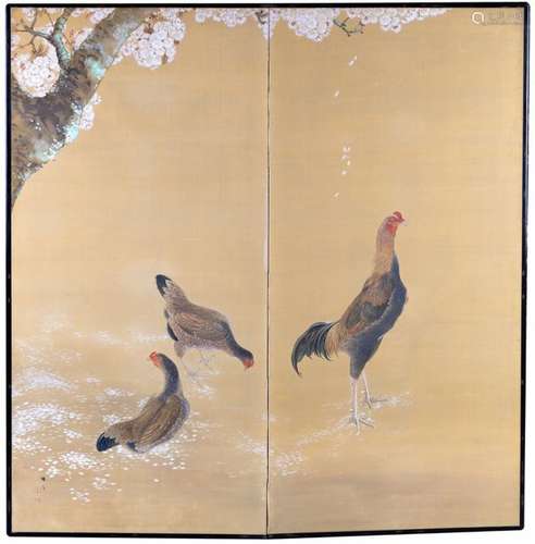 A TWO PANEL JAPANESE BYOBU SCREEN WITH A POLYCHROM…