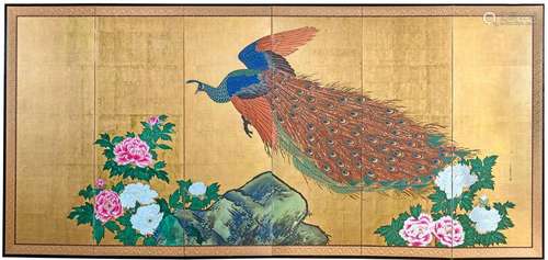 A SIX PANEL GOLD LEAF JAPANESE BYOBU SCREEN WITH A…