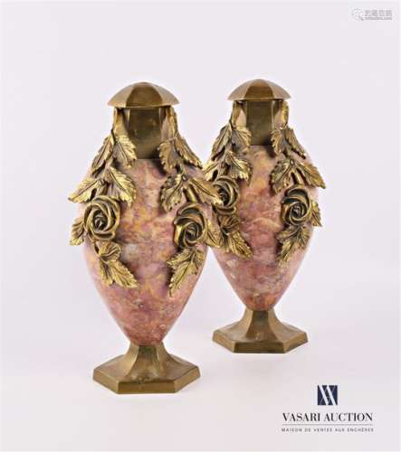Pair of simulated marble and bronze vases of ovoid…