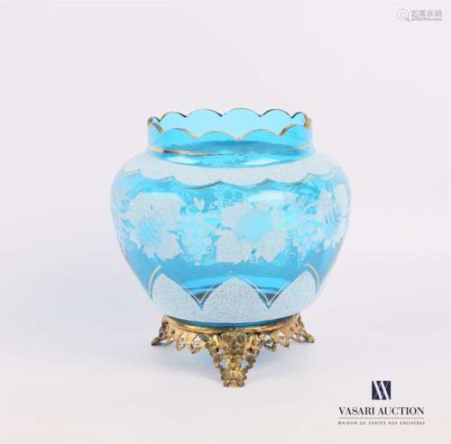 Blue glass vase with frosted decoration in a friez…