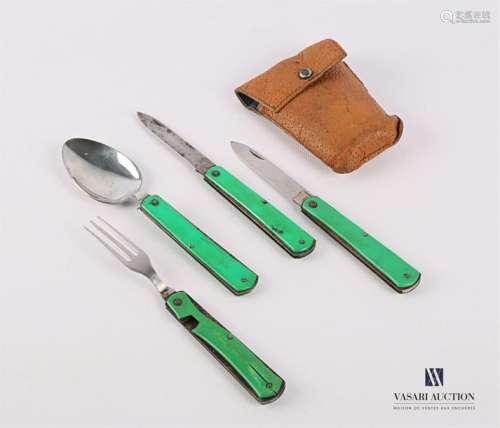 Travel cutlery in metal and green plastic includin…