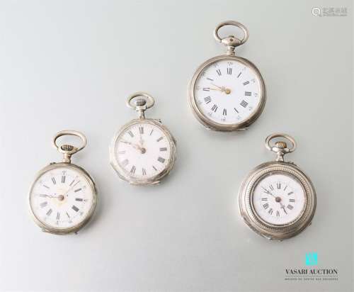 Set of four silver neck watches, white enamelled d…