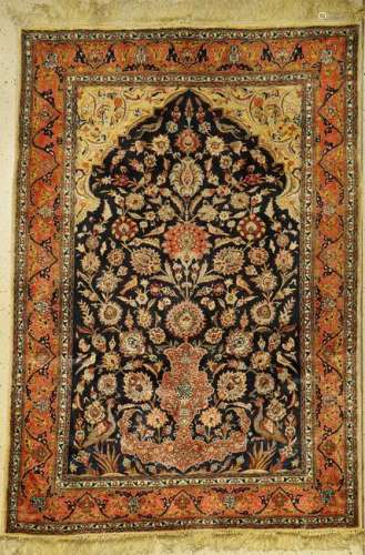 Fine silk & metal Tabriz old rug, Persia, around 1940