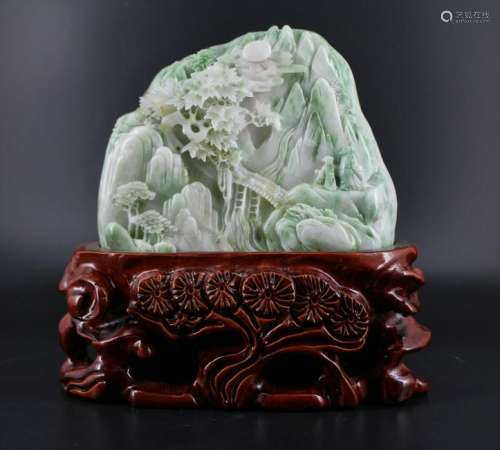 Qing Hand Carved Jade Mountain with Wooden Base