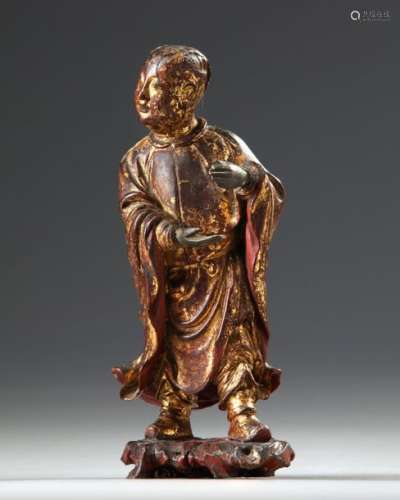 A CHINESE LACQUERD WOOD FIGURE