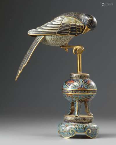 A CHINESE CLOISONNÉ MAGPIE ON A PERCH