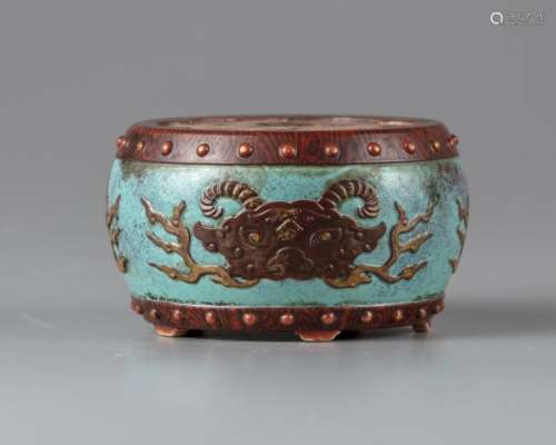 A CHINESE ROBINS EGG AND FAUX BOIS ENAMELLED DRUM …