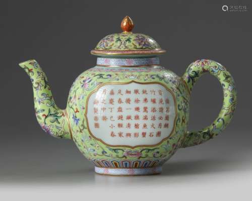 A CHINESE LIME GREEN GROUND 'POETIC' TEAPOT
