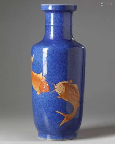 A CHINESE FISH BLUE GROUND ROULEAU VASE