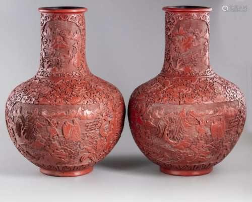 A PAIR OF LARGE CHINESE CINNABAR LACQUER VASES, TI…