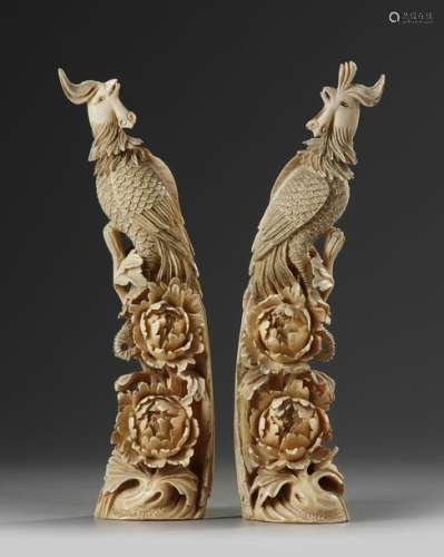 A PAIR OF CHINESE IVORY PHOENIX
