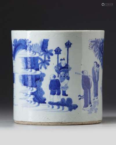 A CHINESE BLUE AND WHITE BRUSH POT