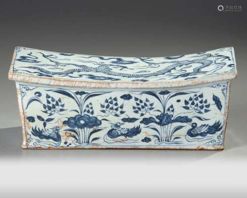 A CHINESE RECTANGULAR BLUE AND WHITE PILLOW