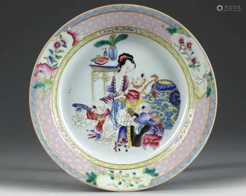 A CHINESE FAMILLE ROSE 'LADY & BOYS' DISH