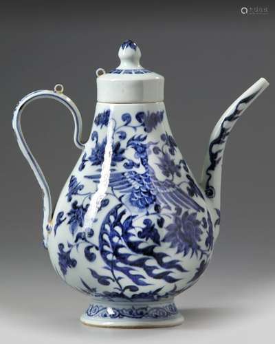 A CHINESE BLUE AND WHITE 'PHOENIX' EWER